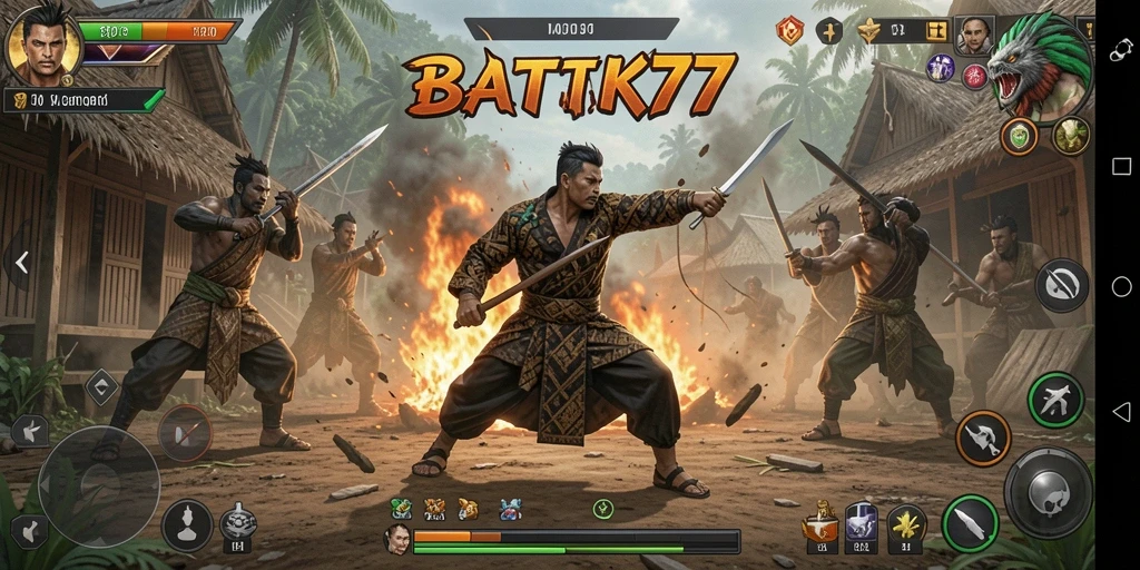 Screenshot dari gameplay BATIK77 dengan pertarungan seru dan suasana khas budaya.