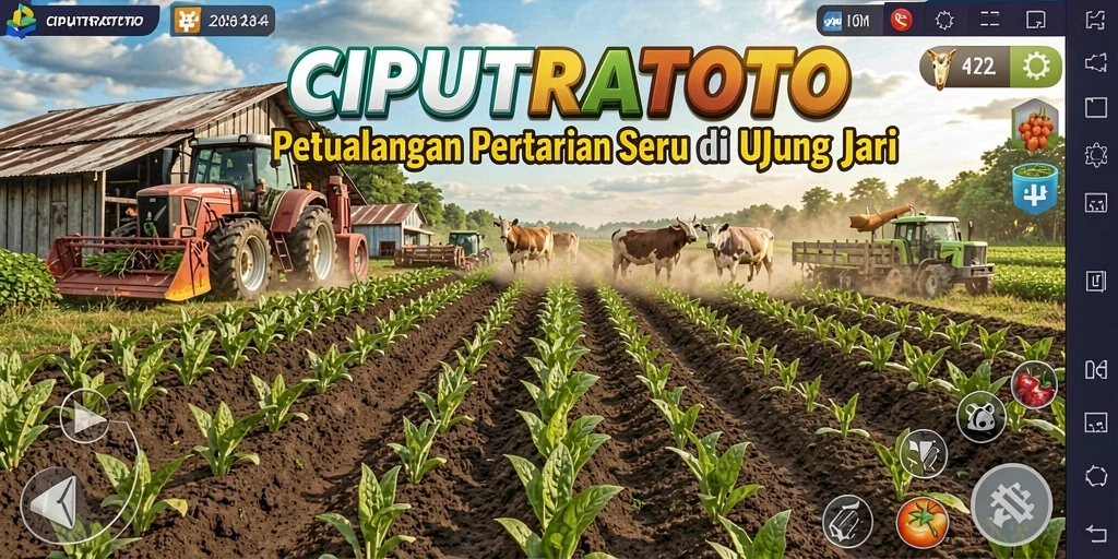 Screenshot menampilkan pemain mengelola ladang pertanian yang subur.