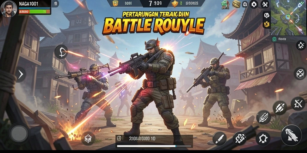 Gameplay NAGA1001 yang mendebarkan di medan perang Battle Royale.