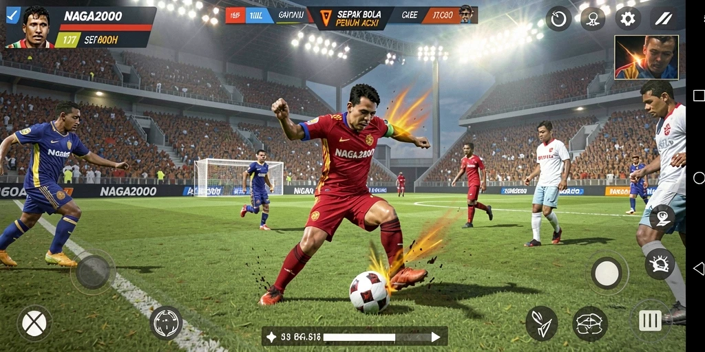 Tampilan gameplay seru dalam NAGA2000 dengan aksi sepak bola yang mendebarkan.