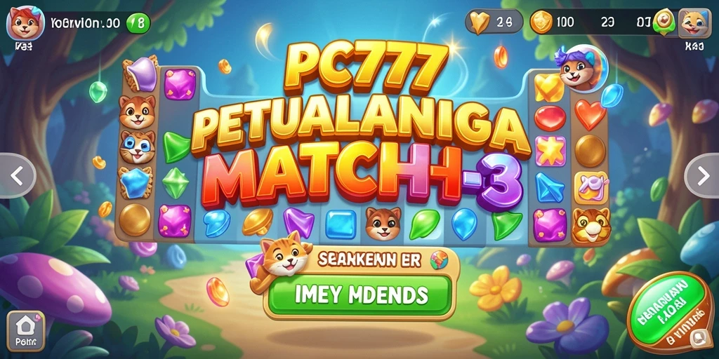 Tangkapan layar PC777 menunjukkan gameplay Match-3 yang seru dan penuh warna.