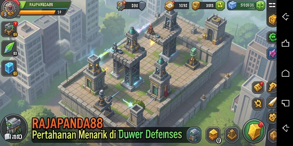 Screenshot gameplay RAJAPANDA88 menampilkan aksi menara berperang melawan serangan musuh.
