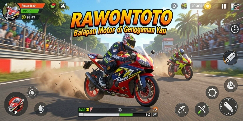 Screenshot utama RAWONTOTO menampilkan akselerasi motor balap yang seru.